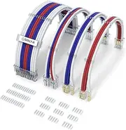 Sirlyr PSU Cable Extension,Customed Pre-Bend PC Power Supply Cable,1x 24 Pin ATX / 1x 8 (4+4) Pin EPS/Longer 2X 8 (6+2) Gold-Plated Pin Pcie,Nylon Sleeved White Red Blue,4 Kits