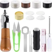 [Swpeet] 16Pcs Leather Sewing Awl Craft Kit Including Handheld Sewing Repair Awl, Waxed Thread, Flat Wax Cord, Screwdriver, Straight Needles, Measuring Tape, Scissors, Thimble, Spools, Wrench for DIY