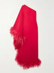 [Taller Marmo] Taller Marmo - Ubud One-shoulder Feather-trimmed Crepe Gown - Red - IT46 IT 46 Red