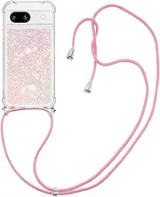 [LEMAXELERS] Case for Google Pixel 8A, Glitter Floating Liquid Waterfall Cute Case Fashion Women Girls Case with Adjustable Lanyard Neck Strap Cover for Google Pixel 8A. Star Pink YB
