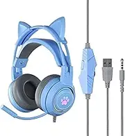 Stereo Gaming Headset with Microphone - 3.5mm Detachable Cat Ear Headphones, Lightweight Self-Adjusting Over-Ear Design, Gradient RGB Lighting, 360° Noise-Canceling Mic, Valentine's Day Gift (Blue)