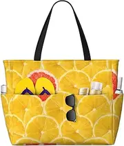 [Ghjkfbf] Summer Lemon Print Large Capacity Beach Travel Bag For Family, Beach Tote Bag For Women With Zipper Pockets, Black, One Size