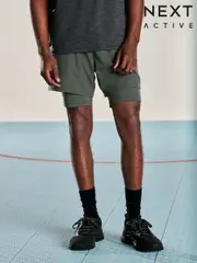 Khaki Green Active 2-In-1 Shorts (E95704) | $55