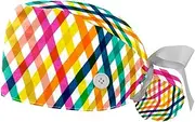[WOSHJIUK] Working Hat 2 Pack Scrub Caps for Women,Colored Lines Lattice Pattern,Tie Back Cap Adjustable Scrub Hat