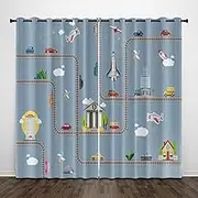Exquisite Bedroom Blackout Curtains, Grey Cartoon Building boy 92x91 Inch Heat Insulation Blackout Children's Curtains,3D lackout Curtains, Suitable for Living Room Bedroom Childre