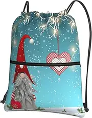EdWal Christmas Traditional Gnome Print Drawstring Backpack Gym Bags Sports Bags With Zipper Pocket For Travel Beach, Black, One Size