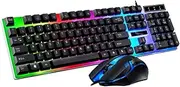 Wired Gaming Keyboard Mouse Set with Colorful LED Backlight Ergonomic Design Draining to Prevent Damage for Laptop Gaming and Work Black
