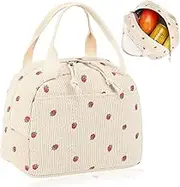 Insulated Corduroy Lunch Bag for Women, Reusable Lunch Box Bag, Lunch Box Cooler Bag, Leakproof Thermal Insulation Aluminum Thickened Lunch Box, Pink Strawberry Pattern
