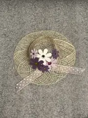 Handmade Straw Doll Hat Round shape 4” Brim- 1.5” inch Opening Polka Dot Ribbon