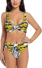 [EdWal] New York City Print Bikini Set for Women Halter Strapless Ruched Color Block Trim Swimsuit 2 Piece for Women