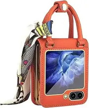 Premium Leather Case for Samsung Galaxy Z Flip 5 with Hand Grip and Silk Scarf Chain Wrist Strap - Shockproof Protective Cover for amsung Galaxy Z Flip 5 5G Case