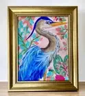 Botanical Great Blue Heron watercolor print of a painting framed, stand & hinge
