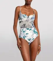 Zimmermann Hydrangea Floral Print Cassia Balconette Sheer One Piece Swimsuit 8US