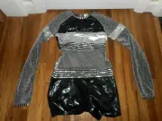 Alexandra Carter Collection Long Sleeve Gymnastics Biketard Black Silver L Large