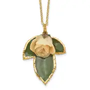 Fashion Lacquer Dipped White Real Rose On 24K Gold-Trim Leaf 20 Inch Gold-Tone Necklace