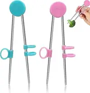 BLMHTWO 2 Pairs Kids Chopsticks Training Chopsticks for Kids Reusable Metal Chopsticks with Attachable Silicone Chopstick Helper for Children Adults Learning Beginners