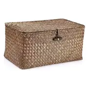 Hipiwe Wicker Shelf Baskets Bin with Lid, Handwoven Seagrass Medium Coffee
