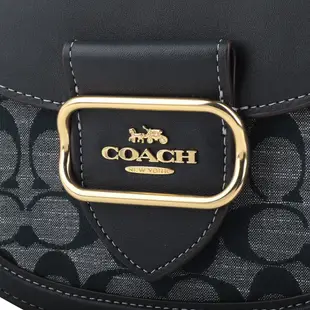 COACH-金屬框馬車LOGO織布拼皮革馬鞍包(單寧藍)