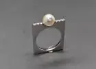 Custom 7mm Natural Akoya Pearl & Diamond Ring - Postmodern Square Style 14K Gold