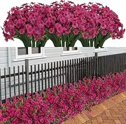 LikSoor 21 Bundles Artificial Outdoor UV Resistant Flowers No Fade Fake Outside Flowers Plastic Greenery Faux Shrubs Garden Porch Window Box Home Decoration(Rose Red)