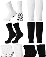 [Eurzom] 4 Sets Grip Soccer Socks with Shin Guard Sleeves for Men Non Slip Pads Black and White Athletic Socks with Compression Leg Sleeves for Soccer Football Basketball Sports, Black, White, Large