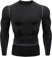[BAEIDO] Compression Shirt Men, Round Neck Long Sleeve Base Layer Athletic Tops for Workout Sports, Rash Guard Cool Dry Undershirts, Black Long Sleeves, M