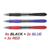 Pilot Supergrip FINE tip Ballpoint pen 0.7mm - 8x BLACK + 2x BLUE +2x RED