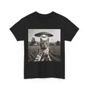 Cat UFO Encounter Unisex Tee, Alien Kitty Graphic T-Shirt, UFO Cat Shirt, Cool
