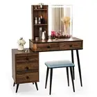 Giantex Dressing Table Stool Set w/ Lighted Makeup Vanity Mirror Storage Drawer