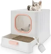 Cat Litter Box,Foldable Cat Litter Box with Lid, Anti-Splshing Cat Kitty Litter Pan, Large Cat Potty Front Entry Top Exit, Drawer Type Cat Toilet Easy Clean with Fashion Cat Litter Scoop