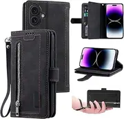 UEEBAI Wallet Case for iPhone 16, 9 Card Holder Slots Zipper Pocket Handbag Case Magnetic Closure Kickstand with Wrist Strap TPU Shockproof Flip Case for Women - Black