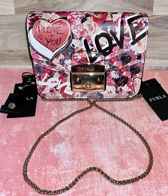 NWT FURLA White Multi Graffiti Leather Mini Metropolis Cross Body Bag Love Heart