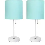 LimeLights Metal Stick Lamp w/ USB Port 2 Pack in White with Aqua Blue Shade