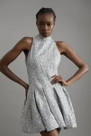 Tall Sequin Metallic Boucle Halter Full Skirt Tailored Mini Dress