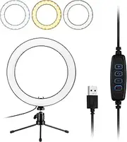 10inch Ring Light P graphy Fill-in Lamp 3 Lig ng Modes Dimmable USB Powered with Desktop Tripod for Live Video Recording Network Broa t Selfie Makeup Black One Size