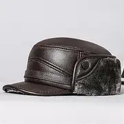 [WORNEW] Men's Leather Hat Winter Men's Warm Thickened Flat Top Cap Outdoor Fleece Leather Ear Protection Cap Leather Hat (Color : Coffee, Size : Large)