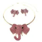 Gold Tone Metal Large Crystal Rhinestone Elephant Choker Necklace Earring Set...