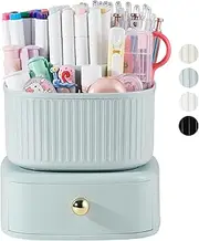 Lolocor 360 Degree Rotation Pencil Holder 5 Slots Pencil Holder with Drawer for Desk Makeup Brush Holder Desktop Organizer Storage Box Light Green