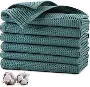 Jogoico Tea Towels 100% Cotton 6 PCS Highly Absorbent Soft Dish Cloths 35 x 35 cm Kitchen Dish Towels Quick Drying Kitchen Cloths Waffle Hand Towels for Kitchen Cleaning - Dark Green