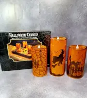 Halloween LED Flameless Candles Set Of 3 Sparkly Orange Witch Cat Spider NEW
