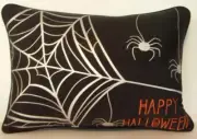 Halloween - Silver Spiders & Web w//Words "Happy Halloween", Tapestry Pillow New