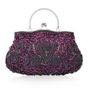 Beaded Sequin Design Flower Evening Purse Large Clutch Bag-Purple