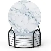 ATDORO Set of 6 Coasters for Drinks, Marble-Style Absorbent Coasters with Holder, Housewarming Home Decor, Suitable for Kinds of Cups (Blue)