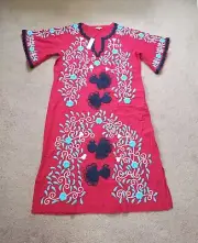 Frances Valentine Nwt Peacock Caftan Emboidery Red Linen Boho Women's Dress Sz16
