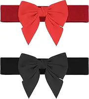 [Elerevyo] Women's 2Pcs Elastic Wide Belt Dress Bowknot Waistband Decoration Fashion Versatile Belts Black+Red 70x5.8cm/27.6x2.3"