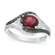 Oval Garnet and 0.10 CT. T.W. White and Enhanced Black Natural Diamond Bypass Frame Ring in Sterling Silver