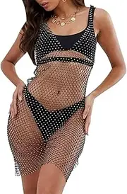 [HUI GUO] Women’s Mesh See through Rhinestone Fishnet Skirts Beach Wrap Bikini Hollow Out Swimsuit Cover Up for Swimwea Clubwear, Black, One Size