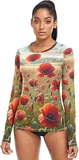 [RPLIFE] Poppy Flowers Women's Long Sleeve Running Top, Sun Shirt Women Printed XS-XL