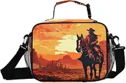 Western Cowboy Sunset Insulated Lunch Box for Women Men - Ideal for Work, Picnics - Includes Adjustable Shoulder Strap