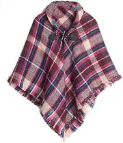 [Proumhang] Girls Tartan Scarf With horn buckle,Plaid Wrap,Poncho Cape Shawl For Kids,Autumn and Winter Warm Scarves,Headscarf-Scarf,One Size,Pink